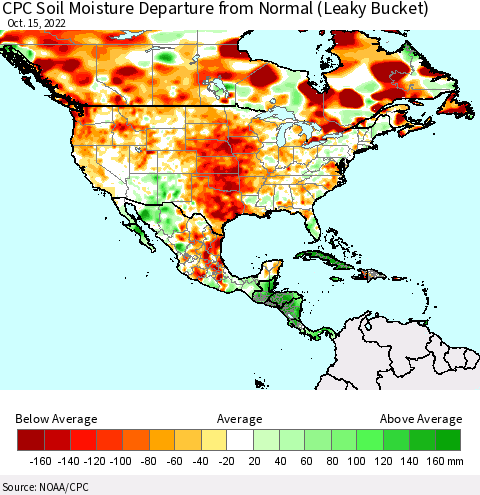 North America CPC Soil Moisture Departure from Normal (Leaky Bucket) Thematic Map For 10/11/2022 - 10/15/2022