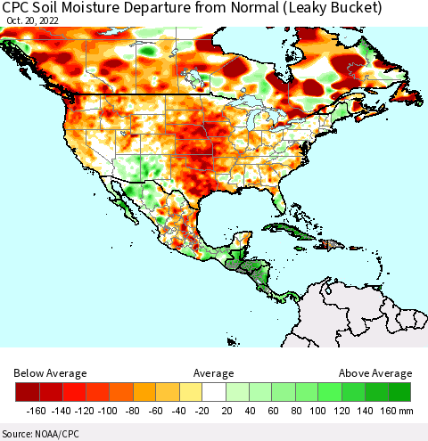 North America CPC Soil Moisture Departure from Normal (Leaky Bucket) Thematic Map For 10/16/2022 - 10/20/2022