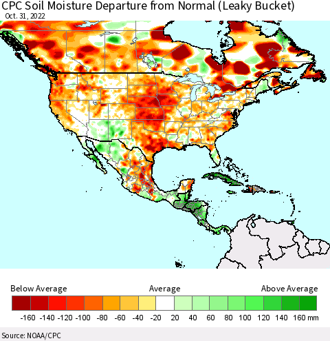 North America CPC Soil Moisture Departure from Normal (Leaky Bucket) Thematic Map For 10/26/2022 - 10/31/2022