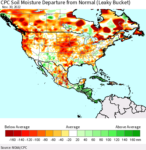 North America CPC Soil Moisture Departure from Normal (Leaky Bucket) Thematic Map For 11/26/2022 - 11/30/2022