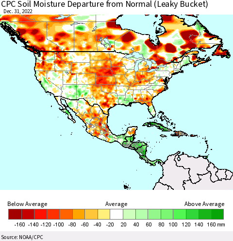 North America CPC Soil Moisture Departure from Normal (Leaky Bucket) Thematic Map For 12/26/2022 - 12/31/2022