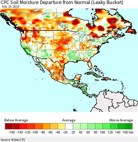North America CPC Soil Moisture Departure from Normal (Leaky Bucket) Thematic Map For 2/11/2023 - 2/15/2023