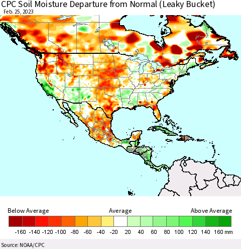 North America CPC Soil Moisture Departure from Normal (Leaky Bucket) Thematic Map For 2/21/2023 - 2/25/2023