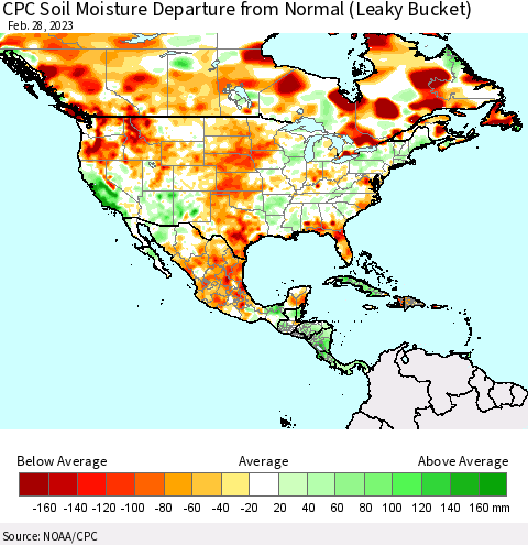 North America CPC Soil Moisture Departure from Normal (Leaky Bucket) Thematic Map For 2/26/2023 - 2/28/2023