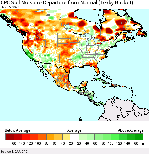North America CPC Soil Moisture Departure from Normal (Leaky Bucket) Thematic Map For 3/1/2023 - 3/5/2023