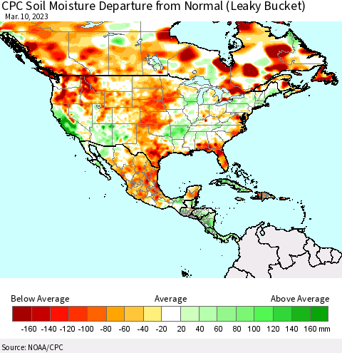 North America CPC Soil Moisture Departure from Normal (Leaky Bucket) Thematic Map For 3/6/2023 - 3/10/2023