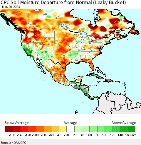 North America CPC Soil Moisture Departure from Normal (Leaky Bucket) Thematic Map For 3/16/2023 - 3/20/2023