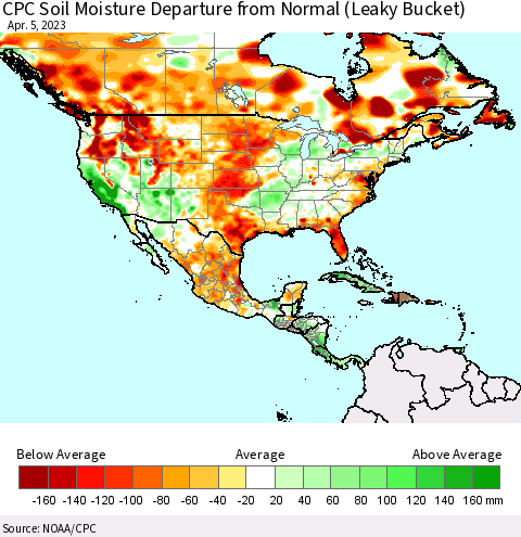 North America CPC Soil Moisture Departure from Normal (Leaky Bucket) Thematic Map For 4/1/2023 - 4/5/2023