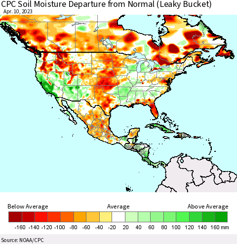 North America CPC Soil Moisture Departure from Normal (Leaky Bucket) Thematic Map For 4/6/2023 - 4/10/2023