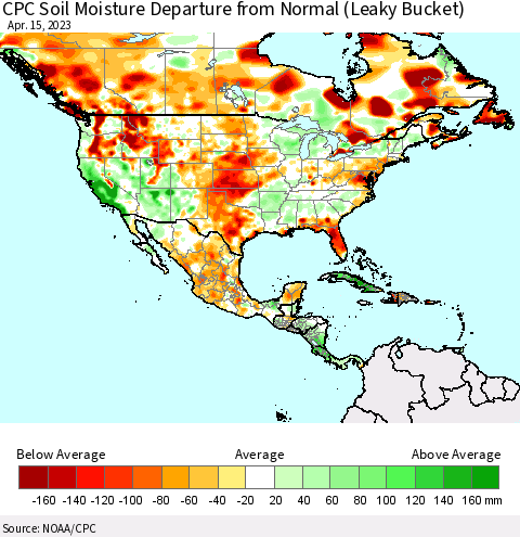 North America CPC Soil Moisture Departure from Normal (Leaky Bucket) Thematic Map For 4/11/2023 - 4/15/2023