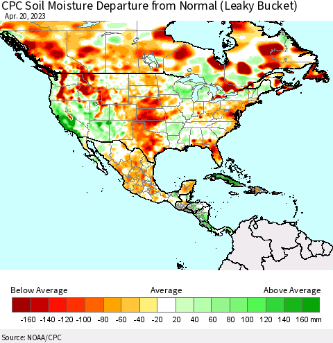 North America CPC Soil Moisture Departure from Normal (Leaky Bucket) Thematic Map For 4/16/2023 - 4/20/2023