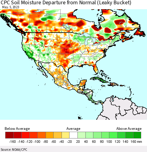 North America CPC Soil Moisture Departure from Normal (Leaky Bucket) Thematic Map For 5/1/2023 - 5/5/2023