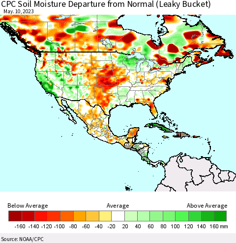North America CPC Soil Moisture Departure from Normal (Leaky Bucket) Thematic Map For 5/6/2023 - 5/10/2023