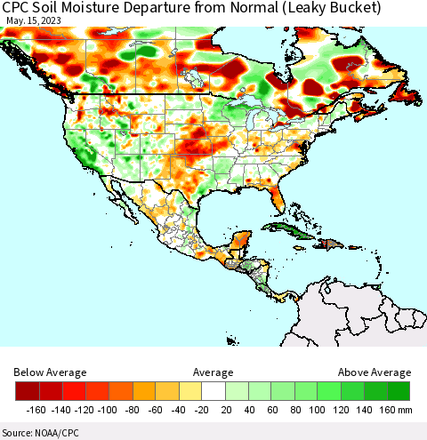 North America CPC Soil Moisture Departure from Normal (Leaky Bucket) Thematic Map For 5/11/2023 - 5/15/2023