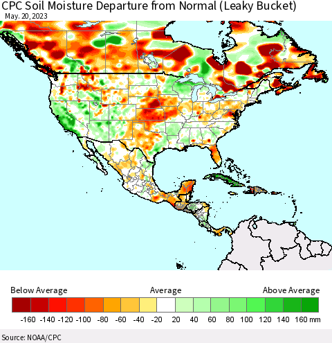 North America CPC Soil Moisture Departure from Normal (Leaky Bucket) Thematic Map For 5/16/2023 - 5/20/2023