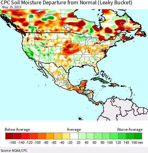 North America CPC Soil Moisture Departure from Normal (Leaky Bucket) Thematic Map For 5/21/2023 - 5/25/2023