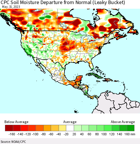 North America CPC Soil Moisture Departure from Normal (Leaky Bucket) Thematic Map For 5/26/2023 - 5/31/2023