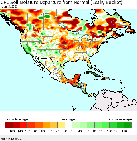 North America CPC Soil Moisture Departure from Normal (Leaky Bucket) Thematic Map For 6/1/2023 - 6/5/2023