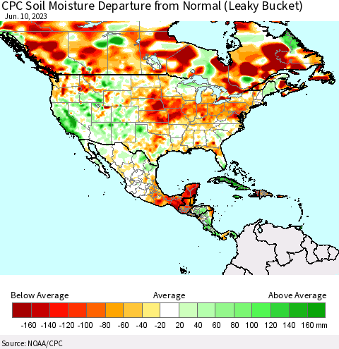 North America CPC Soil Moisture Departure from Normal (Leaky Bucket) Thematic Map For 6/6/2023 - 6/10/2023