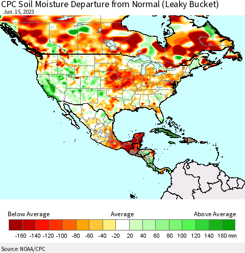 North America CPC Soil Moisture Departure from Normal (Leaky Bucket) Thematic Map For 6/11/2023 - 6/15/2023