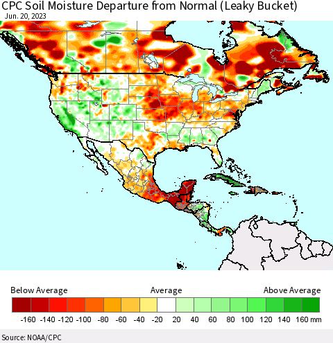 North America CPC Soil Moisture Departure from Normal (Leaky Bucket) Thematic Map For 6/16/2023 - 6/20/2023