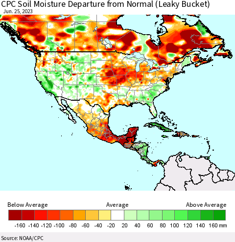 North America CPC Soil Moisture Departure from Normal (Leaky Bucket) Thematic Map For 6/21/2023 - 6/25/2023