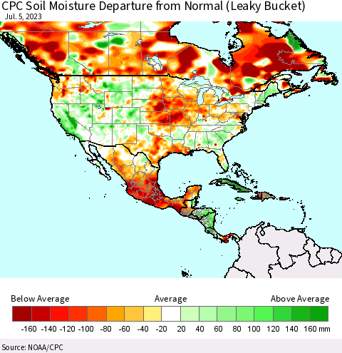 North America CPC Soil Moisture Departure from Normal (Leaky Bucket) Thematic Map For 7/1/2023 - 7/5/2023