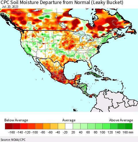 North America CPC Soil Moisture Departure from Normal (Leaky Bucket) Thematic Map For 7/16/2023 - 7/20/2023
