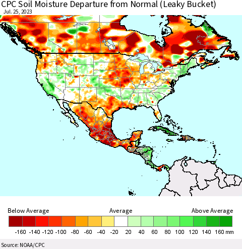 North America CPC Soil Moisture Departure from Normal (Leaky Bucket) Thematic Map For 7/21/2023 - 7/25/2023