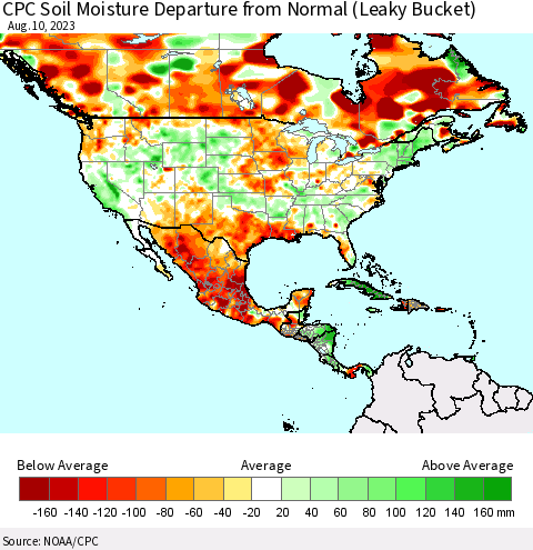 North America CPC Soil Moisture Departure from Normal (Leaky Bucket) Thematic Map For 8/6/2023 - 8/10/2023
