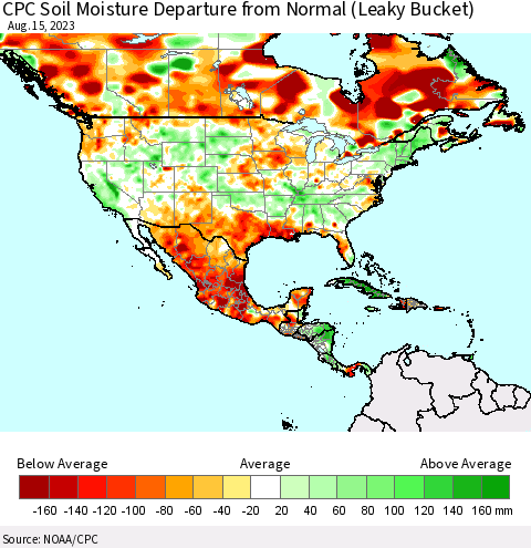 North America CPC Soil Moisture Departure from Normal (Leaky Bucket) Thematic Map For 8/11/2023 - 8/15/2023