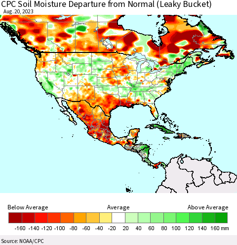 North America CPC Soil Moisture Departure from Normal (Leaky Bucket) Thematic Map For 8/16/2023 - 8/20/2023