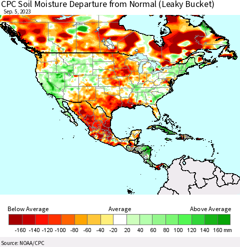 North America CPC Soil Moisture Departure from Normal (Leaky Bucket) Thematic Map For 9/1/2023 - 9/5/2023