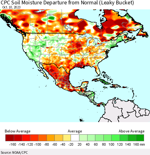 North America CPC Soil Moisture Departure from Normal (Leaky Bucket) Thematic Map For 10/6/2023 - 10/10/2023