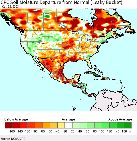 North America CPC Soil Moisture Departure from Normal (Leaky Bucket) Thematic Map For 10/11/2023 - 10/15/2023