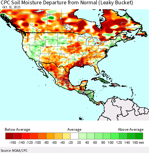 North America CPC Soil Moisture Departure from Normal (Leaky Bucket) Thematic Map For 10/26/2023 - 10/31/2023