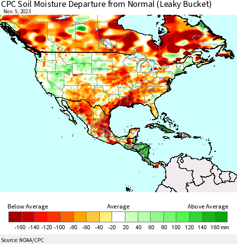North America CPC Soil Moisture Departure from Normal (Leaky Bucket) Thematic Map For 11/1/2023 - 11/5/2023