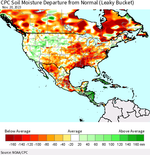 North America CPC Soil Moisture Departure from Normal (Leaky Bucket) Thematic Map For 11/16/2023 - 11/20/2023