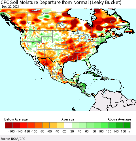 North America CPC Soil Moisture Departure from Normal (Leaky Bucket) Thematic Map For 12/16/2023 - 12/20/2023