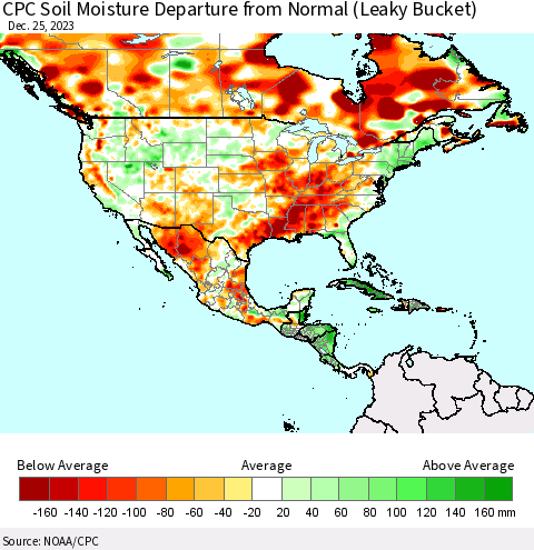 North America CPC Soil Moisture Departure from Normal (Leaky Bucket) Thematic Map For 12/21/2023 - 12/25/2023