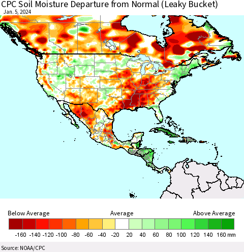 North America CPC Soil Moisture Departure from Normal (Leaky Bucket) Thematic Map For 1/1/2024 - 1/5/2024