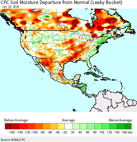 North America CPC Soil Moisture Departure from Normal (Leaky Bucket) Thematic Map For 1/6/2024 - 1/10/2024