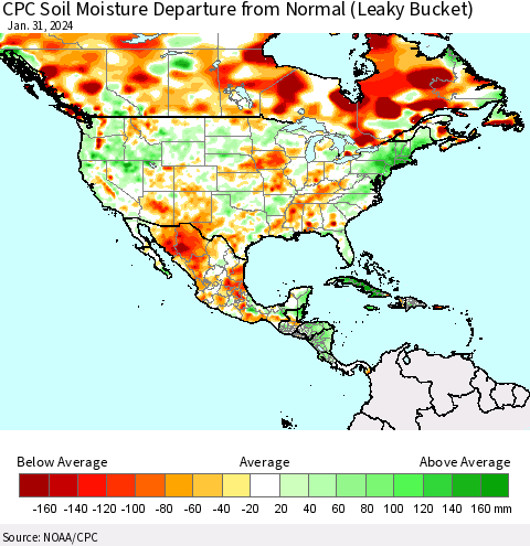 North America CPC Soil Moisture Departure from Normal (Leaky Bucket) Thematic Map For 1/26/2024 - 1/31/2024