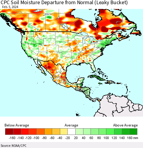 North America CPC Soil Moisture Departure from Normal (Leaky Bucket) Thematic Map For 2/1/2024 - 2/5/2024