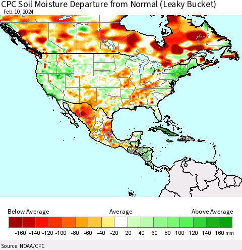 North America CPC Soil Moisture Departure from Normal (Leaky Bucket) Thematic Map For 2/6/2024 - 2/10/2024