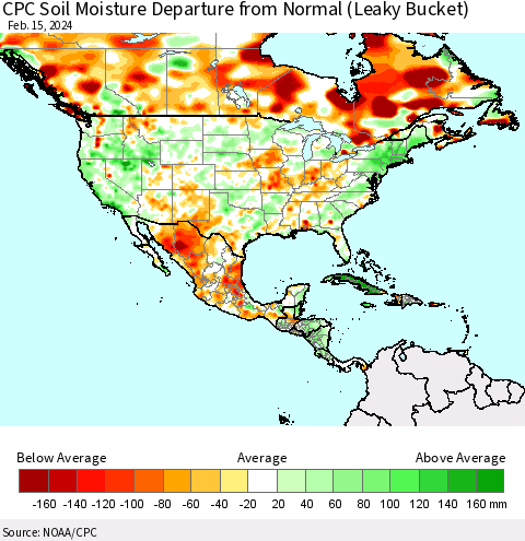 North America CPC Soil Moisture Departure from Normal (Leaky Bucket) Thematic Map For 2/11/2024 - 2/15/2024