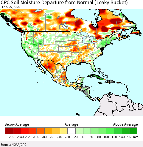 North America CPC Soil Moisture Departure from Normal (Leaky Bucket) Thematic Map For 2/21/2024 - 2/25/2024