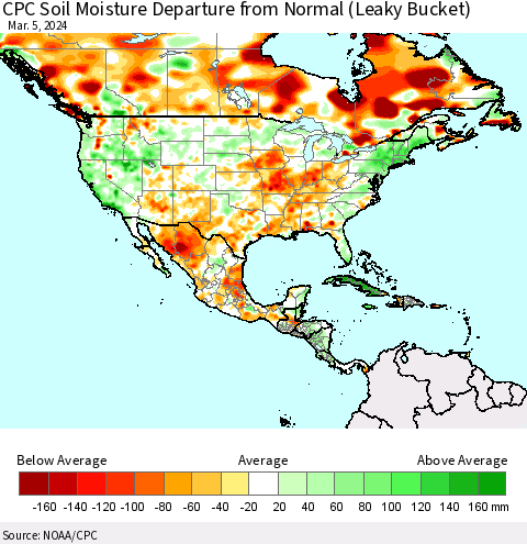 North America CPC Soil Moisture Departure from Normal (Leaky Bucket) Thematic Map For 3/1/2024 - 3/5/2024