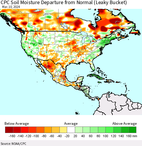 North America CPC Soil Moisture Departure from Normal (Leaky Bucket) Thematic Map For 3/6/2024 - 3/10/2024