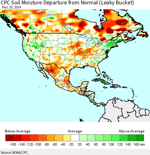 North America CPC Soil Moisture Departure from Normal (Leaky Bucket) Thematic Map For 3/16/2024 - 3/20/2024